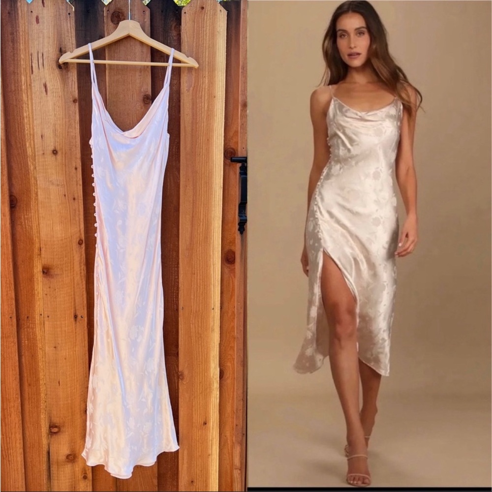 Lulu's Ivory Satin Floral Midi Dress